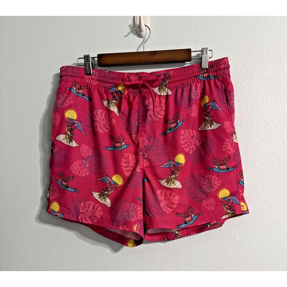 Aeroline Mens 5" Swim Trunks "Beach Buck" "Surfing deer" Pink Mens Large